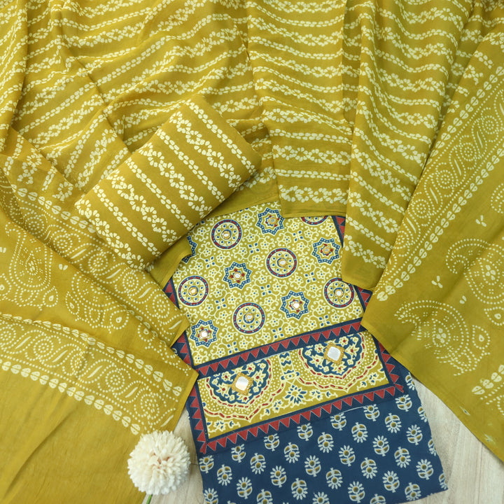 Maduni Azure Blue Mirror Work with Ajrak Printed Cotton Suit Set D2