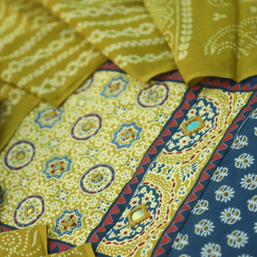 Maduni Azure Blue Mirror Work with Ajrak Printed Cotton Suit Set D2