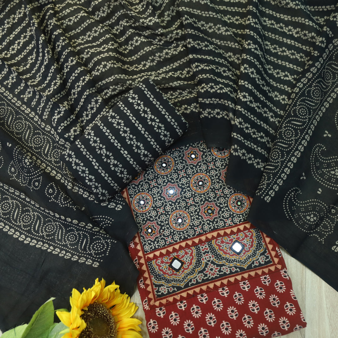Maduni Cherry Red Mirror Work with Ajrak Printed Cotton Suit Set D2