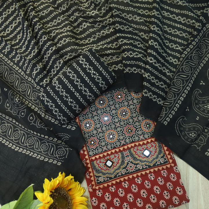 Maduni Cherry Red Mirror Work with Ajrak Printed Cotton Suit Set D2