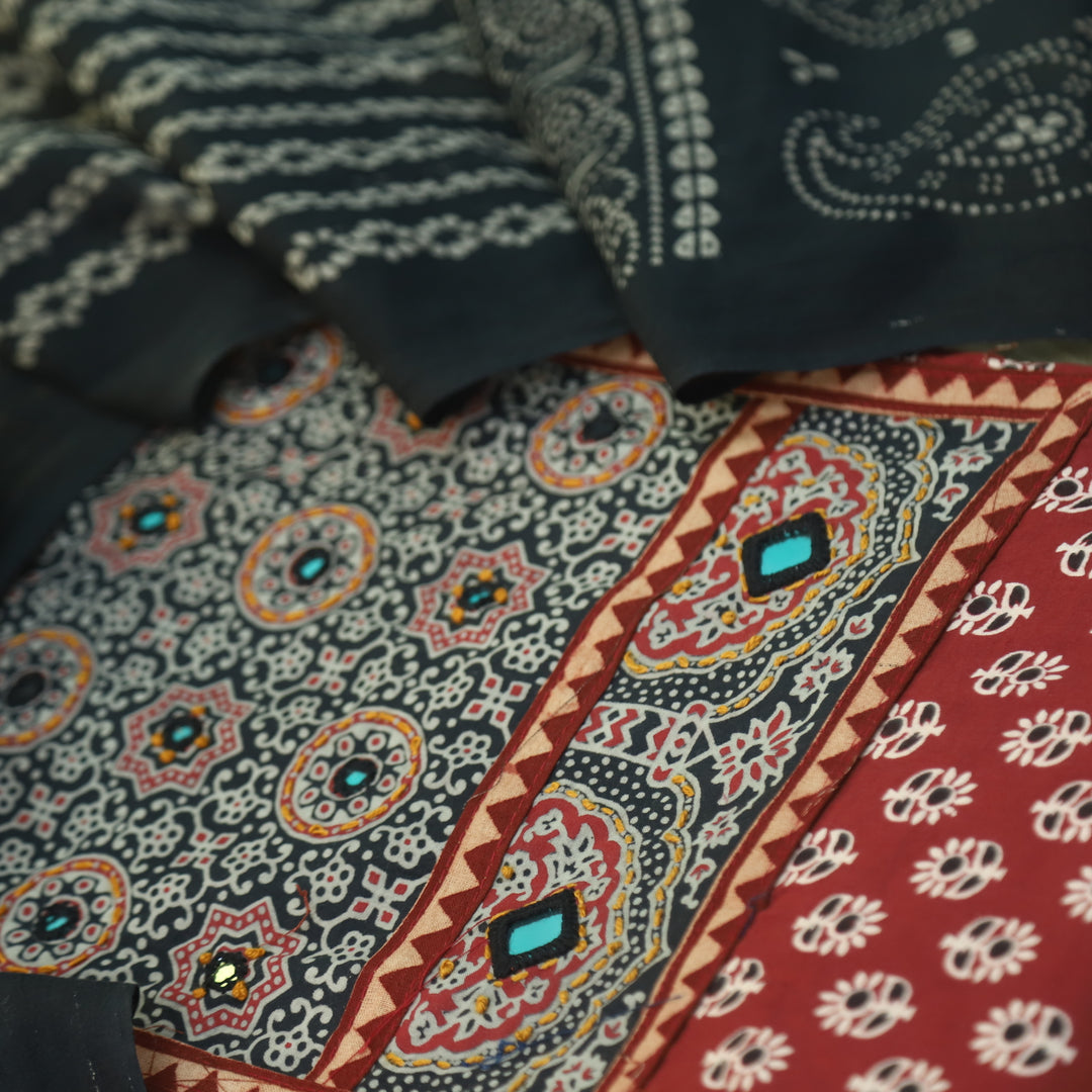 Maduni Cherry Red Mirror Work with Ajrak Printed Cotton Suit Set D2