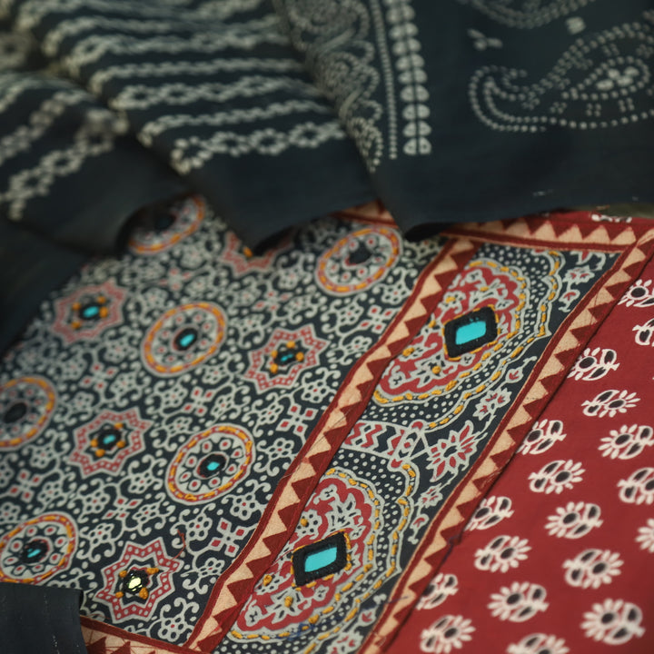 Maduni Cherry Red Mirror Work with Ajrak Printed Cotton Suit Set D2