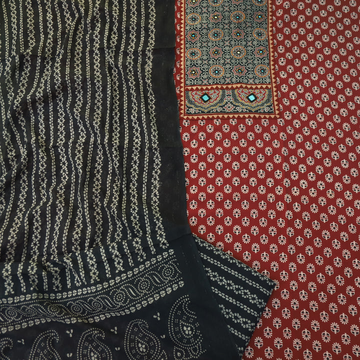 Maduni Cherry Red Mirror Work with Ajrak Printed Cotton Suit Set D2