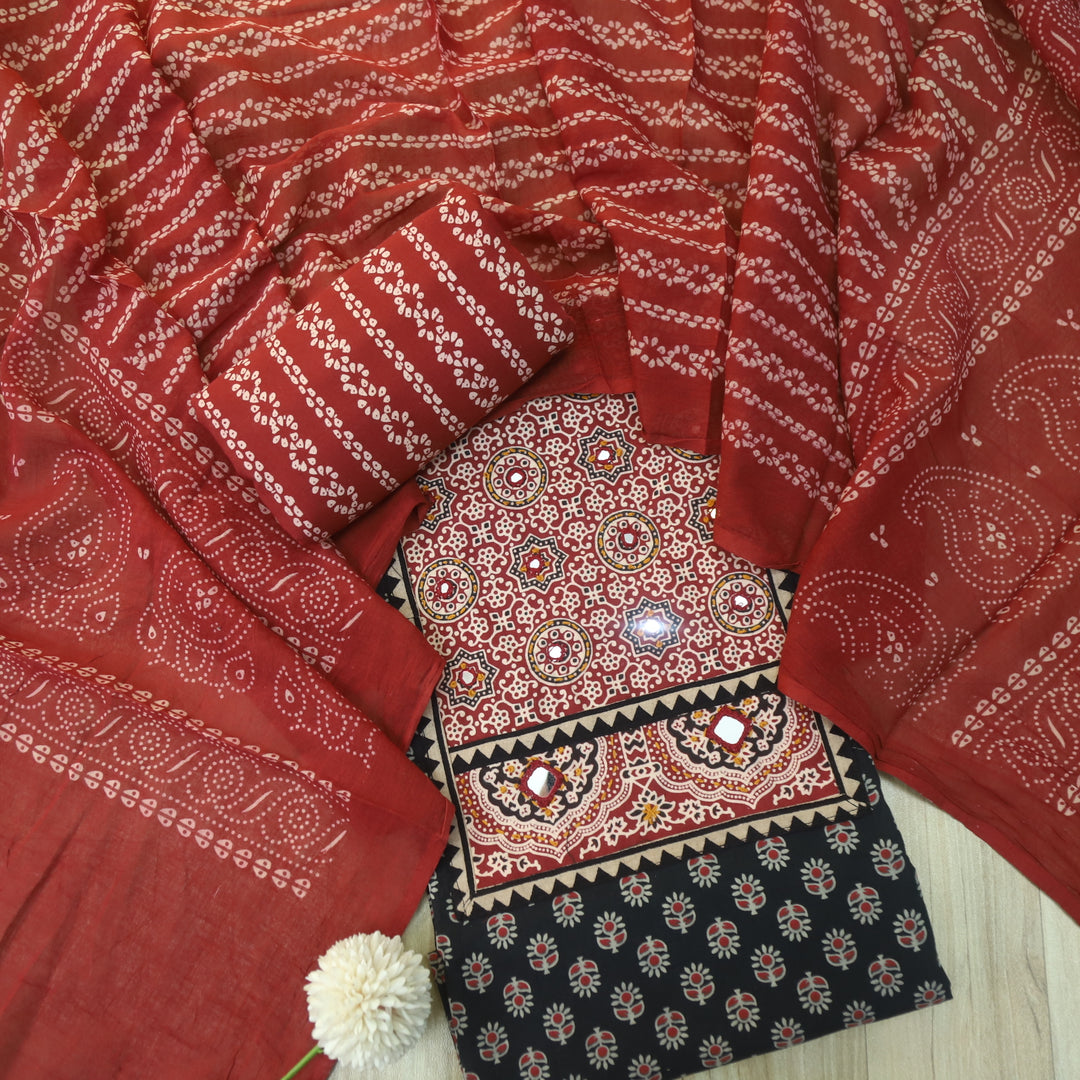 Maduni Night Black Mirror Work with Ajrak Printed Cotton Suit Set D2
