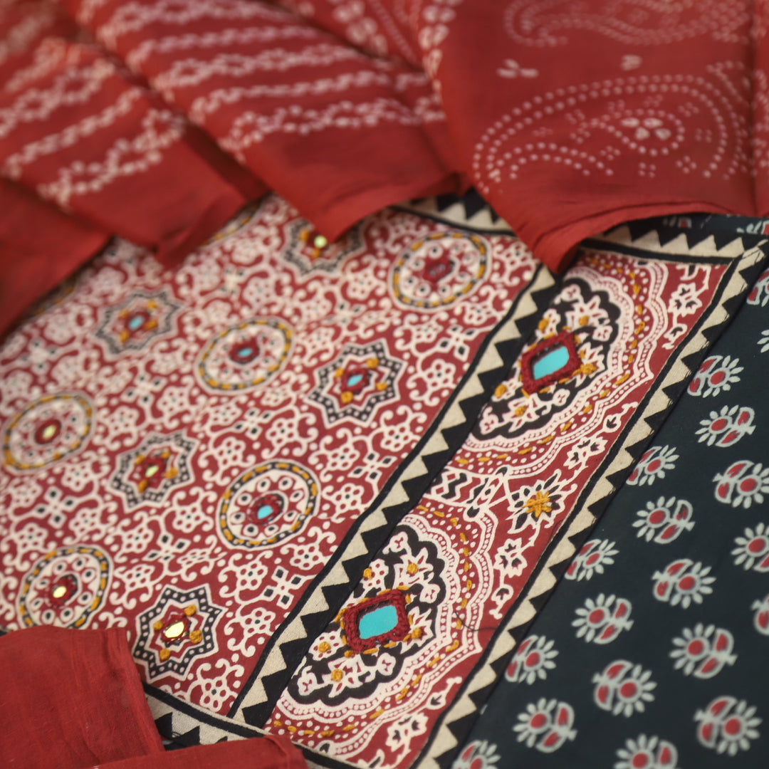 Maduni Night Black Mirror Work with Ajrak Printed Cotton Suit Set D2