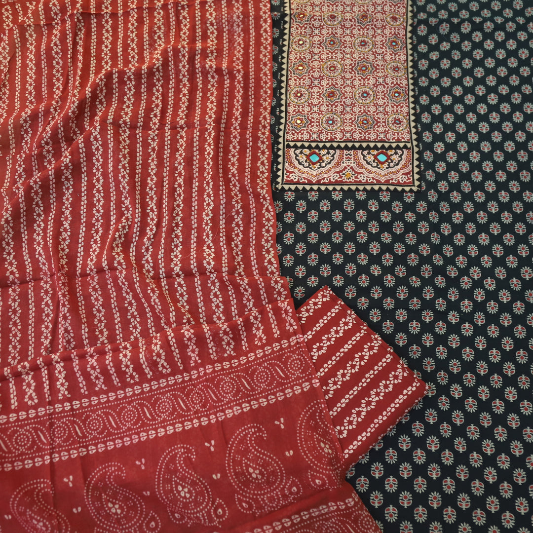 Maduni Night Black Mirror Work with Ajrak Printed Cotton Suit Set D2
