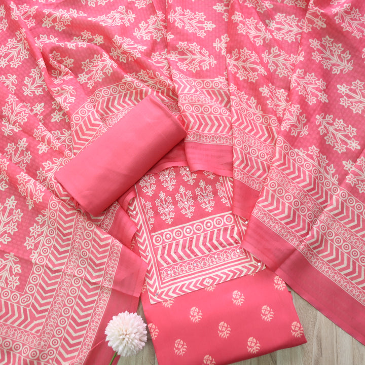 Deewana Muse Pink Mirror with French Knot Detailing Printed Satin Cotton Suit Set
