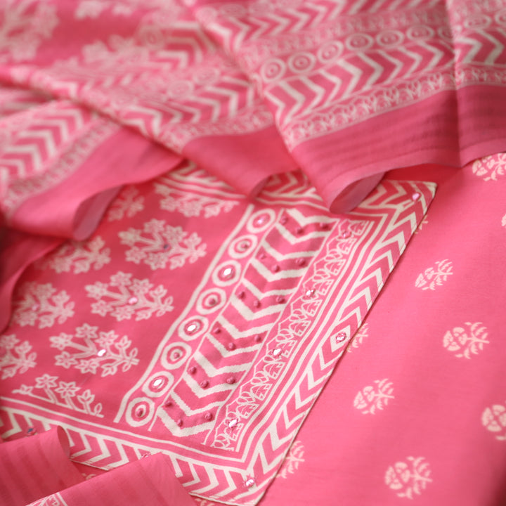 Deewana Muse Pink Mirror with French Knot Detailing Printed Satin Cotton Suit Set