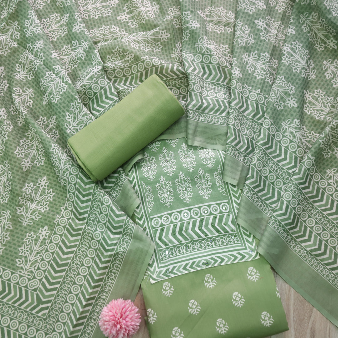 Deewana Leaf Green Mirror with French Knot Detailing Printed Satin Cotton Suit Set