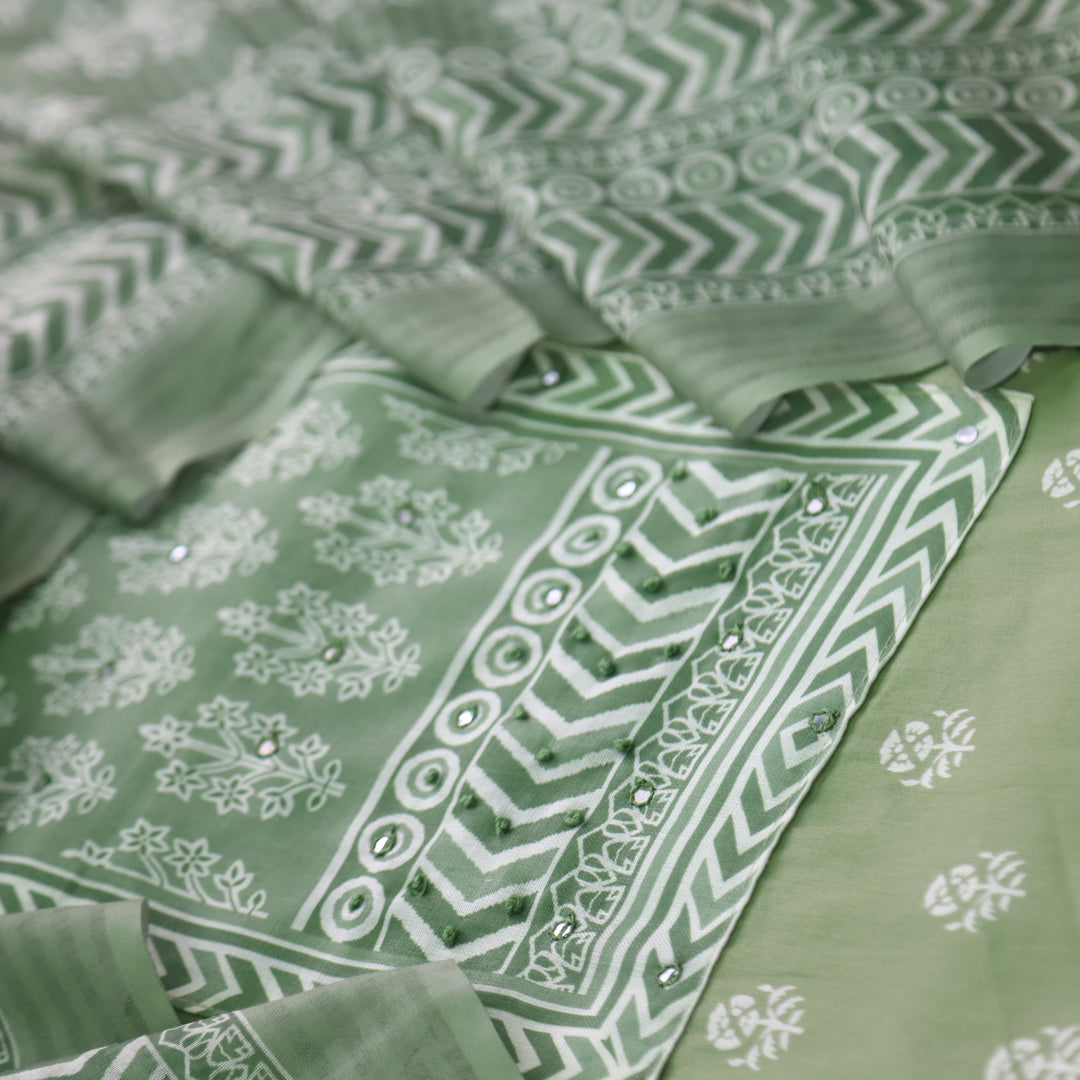 Deewana Leaf Green Mirror with French Knot Detailing Printed Satin Cotton Suit Set