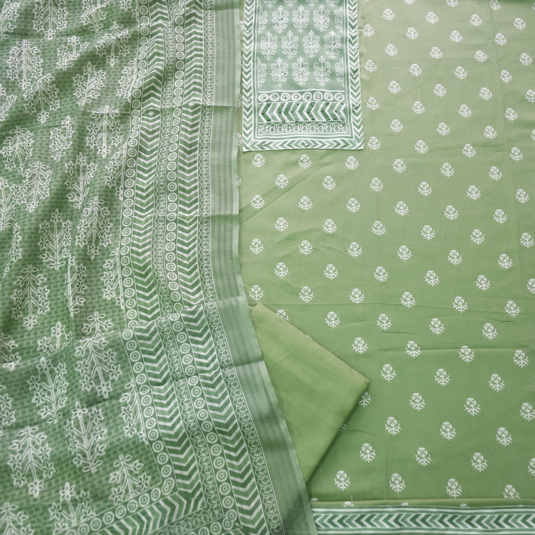 Deewana Leaf Green Mirror with French Knot Detailing Printed Satin Cotton Suit Set