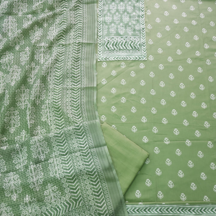 Deewana Leaf Green Mirror with French Knot Detailing Printed Satin Cotton Suit Set