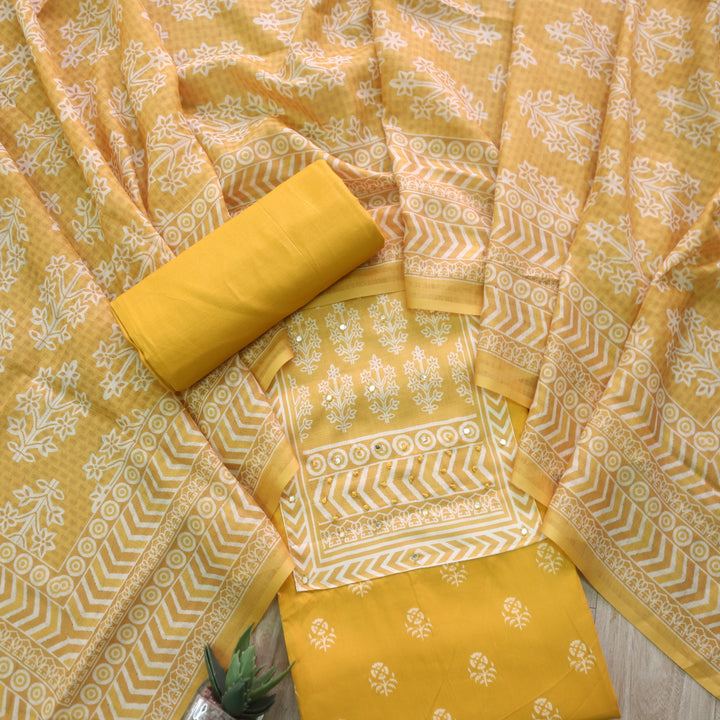 Deewana Turmeric Yellow Mirror with French Knot Detailing Printed Satin Cotton Suit Set