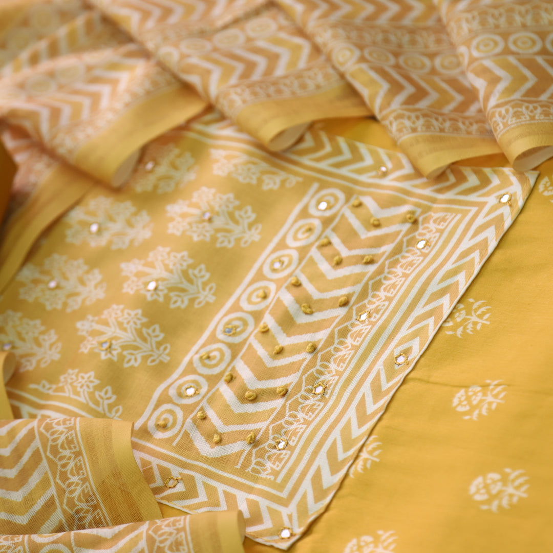 Deewana Turmeric Yellow Mirror with French Knot Detailing Printed Satin Cotton Suit Set