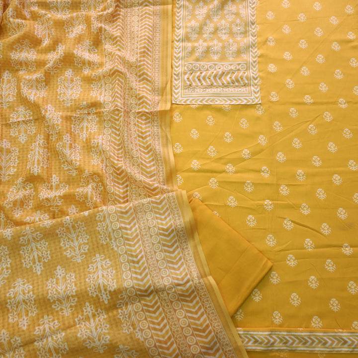 Deewana Turmeric Yellow Mirror with French Knot Detailing Printed Satin Cotton Suit Set