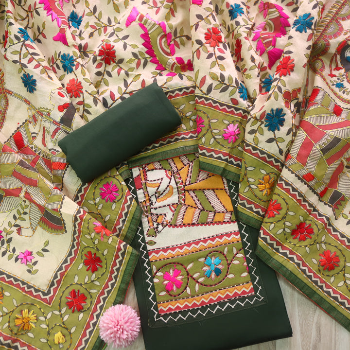 Pankhudi Green Phulkari Work Jam Cotton Top With Art Silk Dupatta