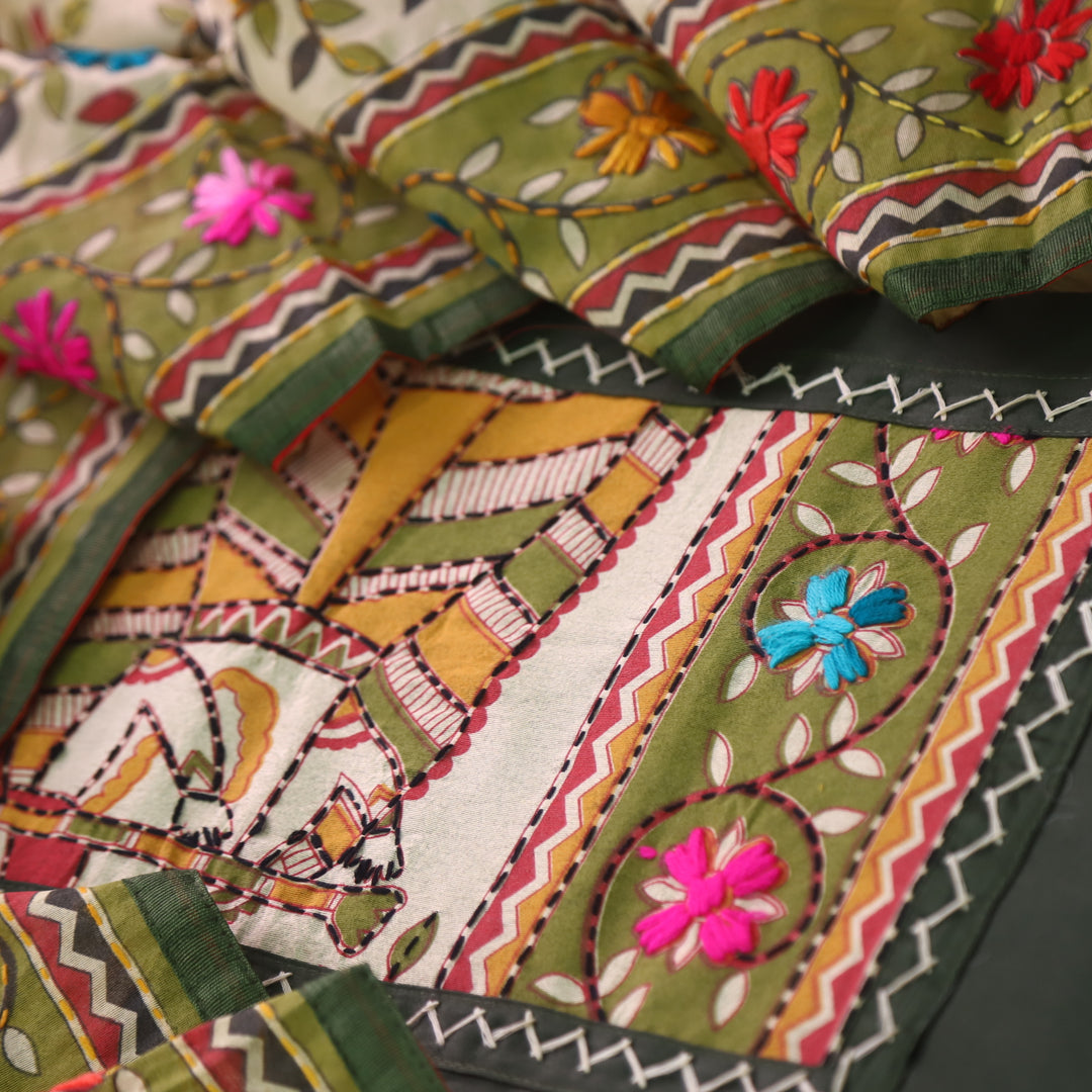 Pankhudi Green Phulkari Work Jam Cotton Top With Art Silk Dupatta