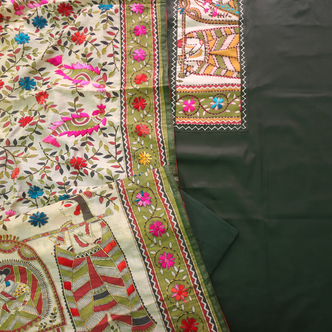 Pankhudi Green Phulkari Work Jam Cotton Top With Art Silk Dupatta