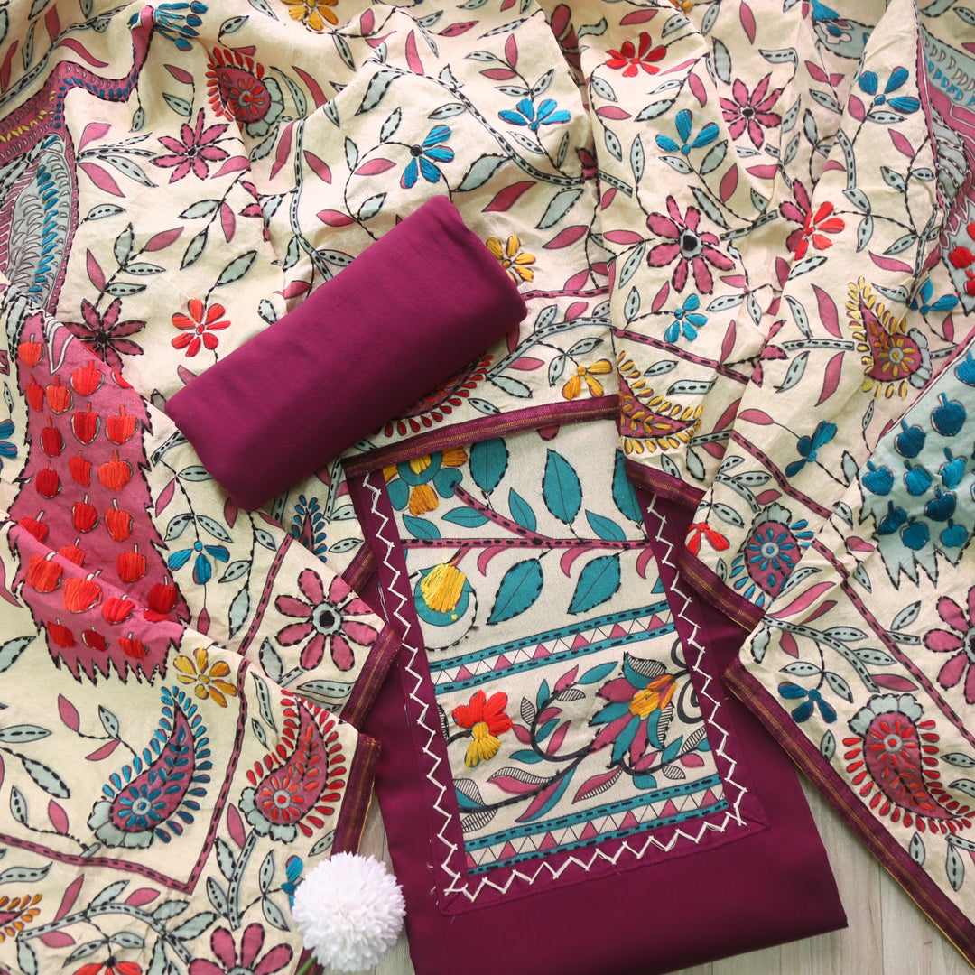 Pankhudi Purple Phulkari Work Jam Cotton Top With Art Silk Dupatta