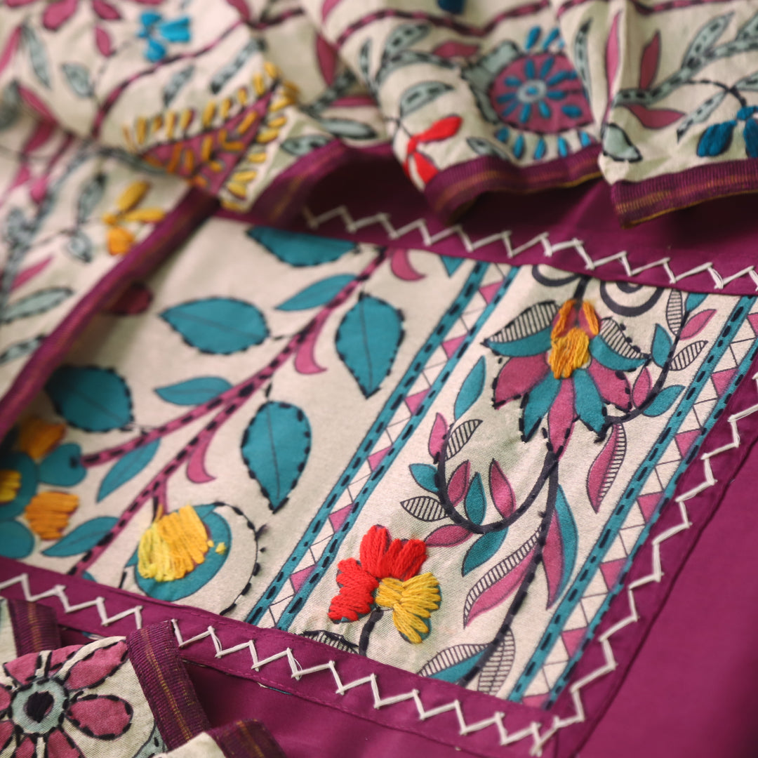 Pankhudi Purple Phulkari Work Jam Cotton Top With Art Silk Dupatta