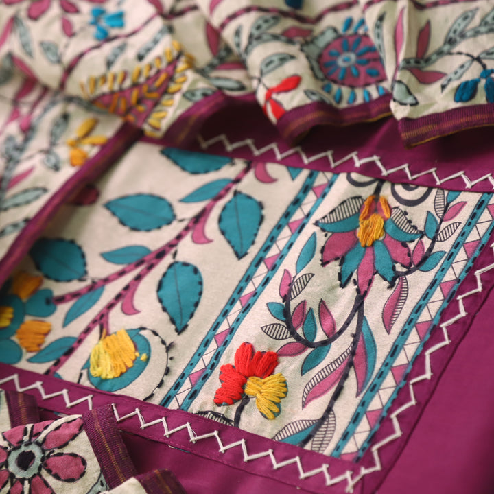 Pankhudi Purple Phulkari Work Jam Cotton Top With Art Silk Dupatta