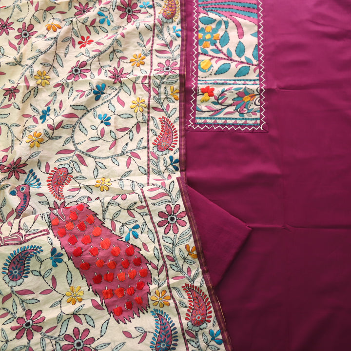 Pankhudi Purple Phulkari Work Jam Cotton Top With Art Silk Dupatta