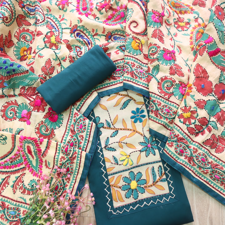 Pankhudi Blue Phulkari Work Glazed Cotton Top With Art Silk Dupatta