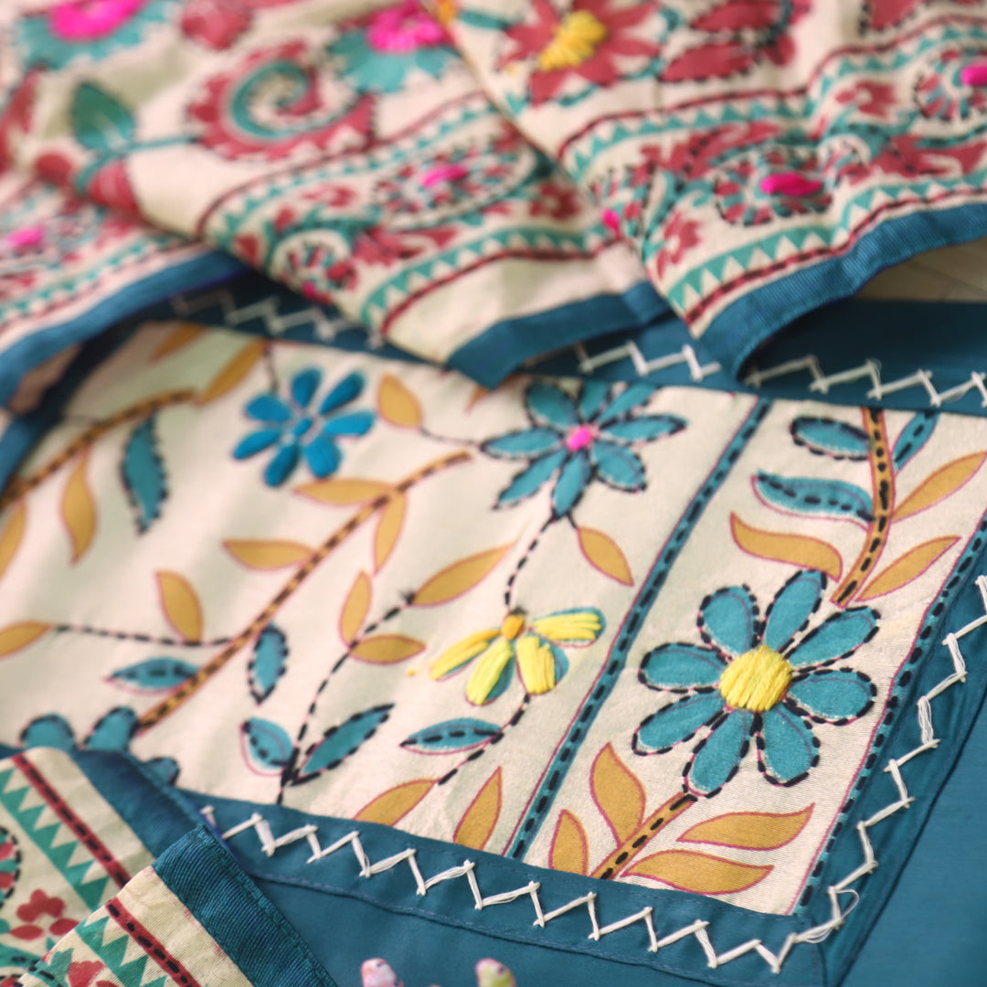 Pankhudi Blue Phulkari Work Glazed Cotton Top With Art Silk Dupatta