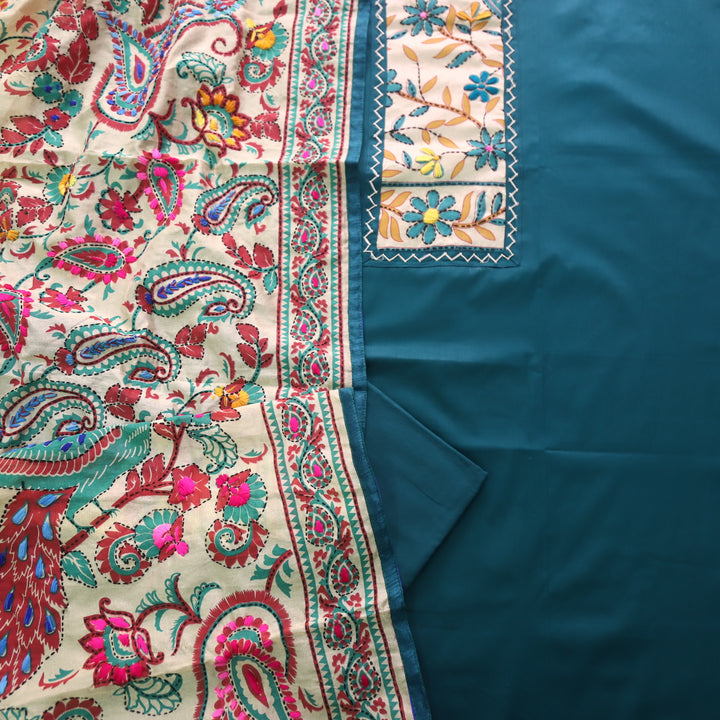 Pankhudi Blue Phulkari Work Glazed Cotton Top With Art Silk Dupatta