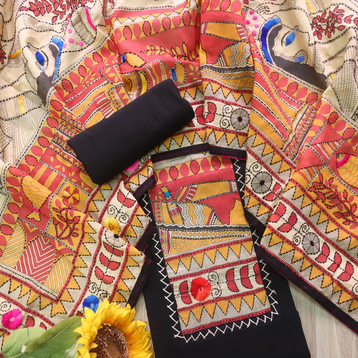 Pankhudi Black Phulkari Work Glazed Cotton Top With Art Silk Dupatta
