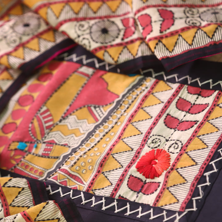 Pankhudi Black Phulkari Work Glazed Cotton Top With Art Silk Dupatta
