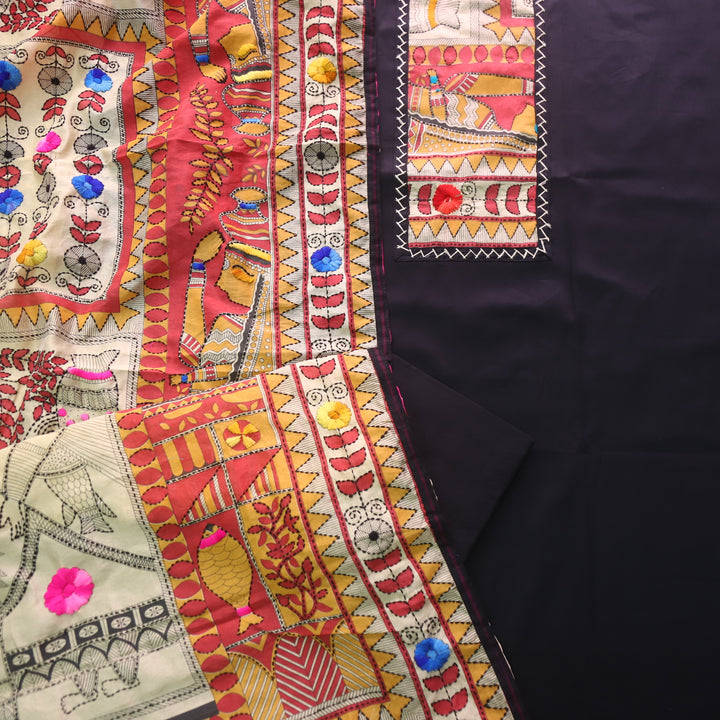 Pankhudi Black Phulkari Work Glazed Cotton Top With Art Silk Dupatta