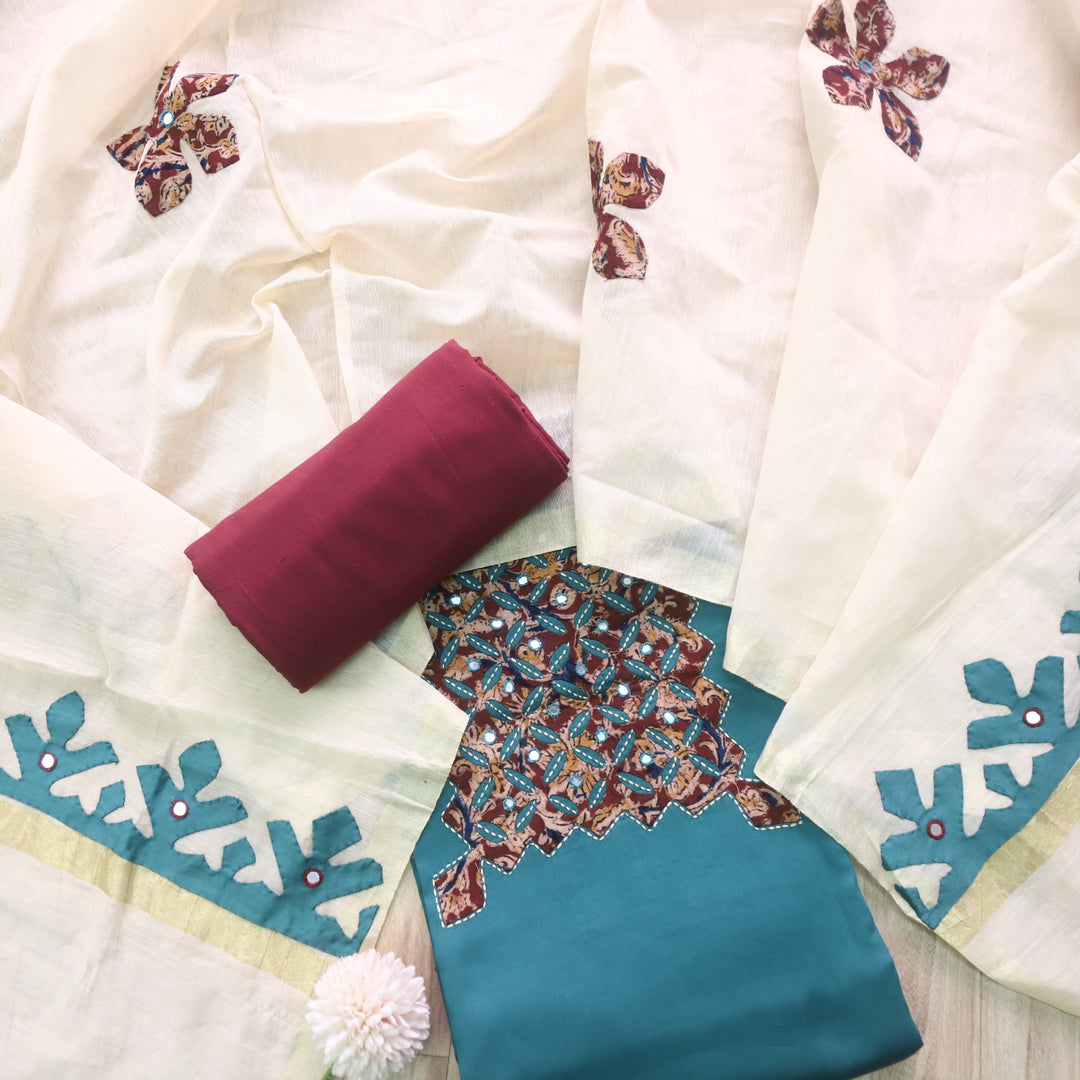 Guzaarish Teal Blue Ajrak Applique Patch Neck With Applique Work Dupatta Set