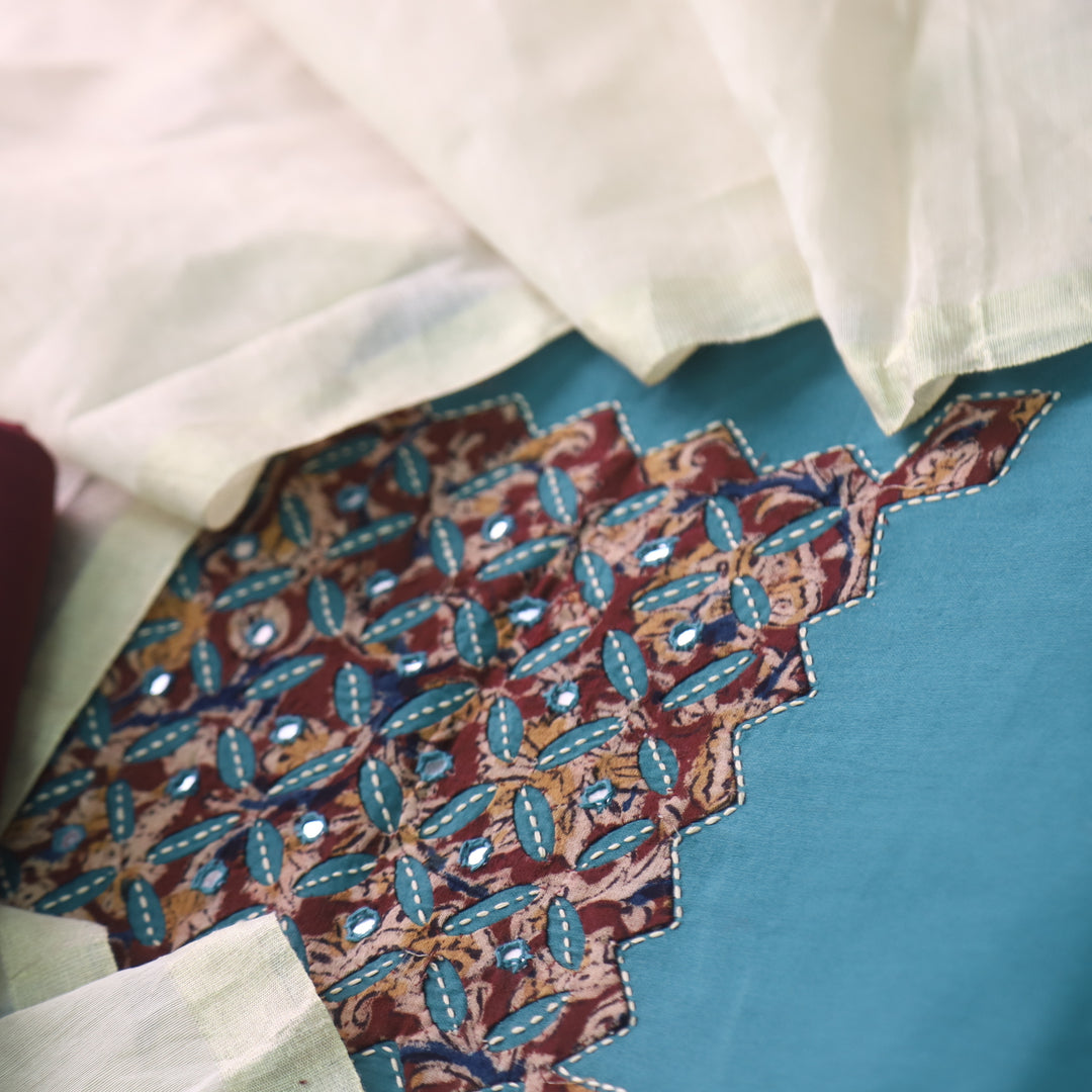 Guzaarish Teal Blue Ajrak Applique Patch Neck With Applique Work Dupatta Set