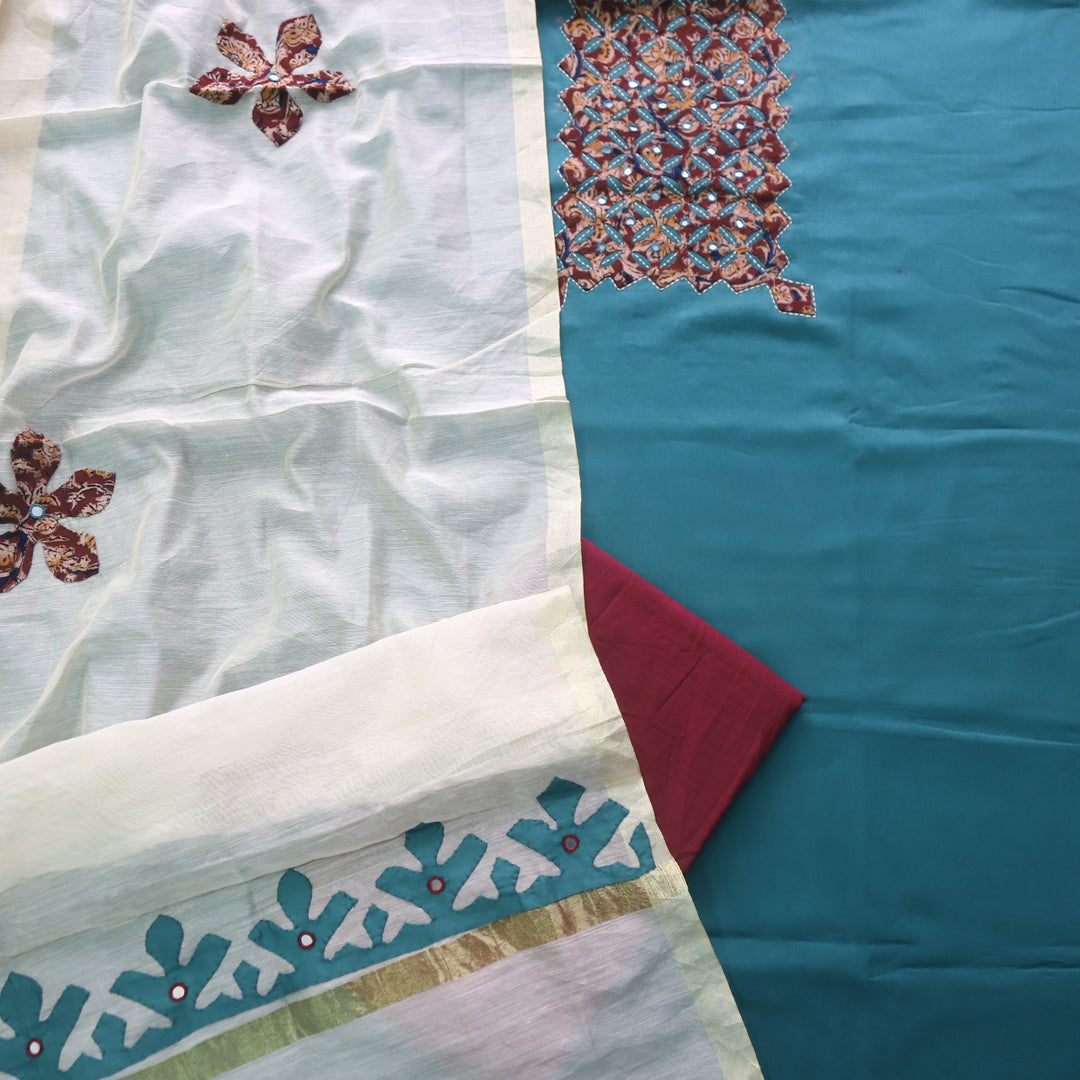 Guzaarish Teal Blue Ajrak Applique Patch Neck With Applique Work Dupatta Set