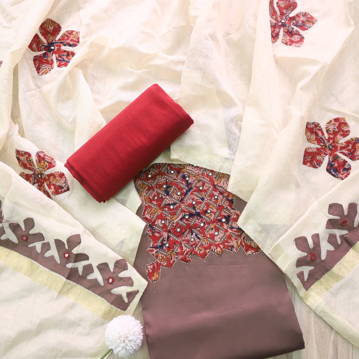 Guzaarish Latte Brown Ajrak Applique Patch Neck With Applique Work Dupatta Set