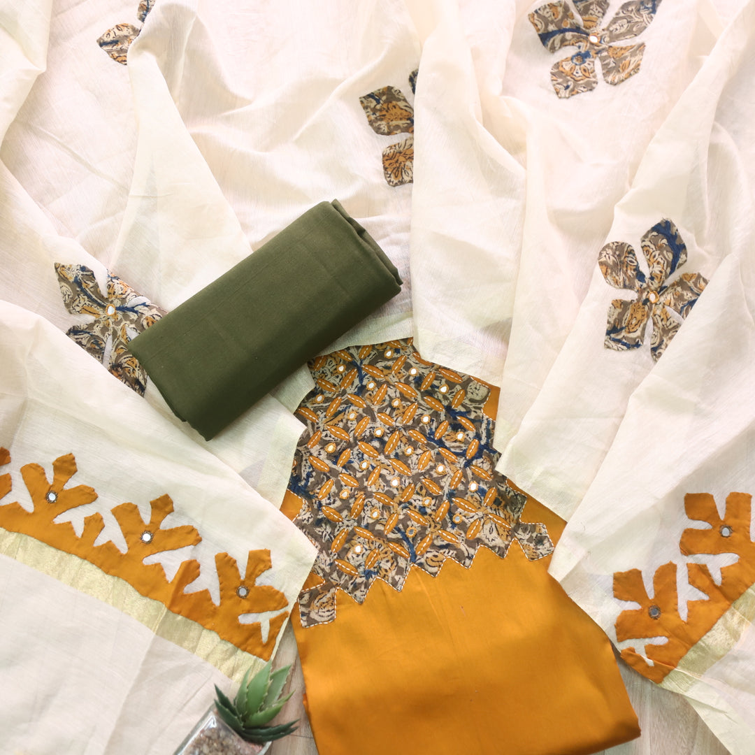 Guzaarish Dijon Yellow Ajrak Applique Patch Neck With Applique Work Dupatta Set