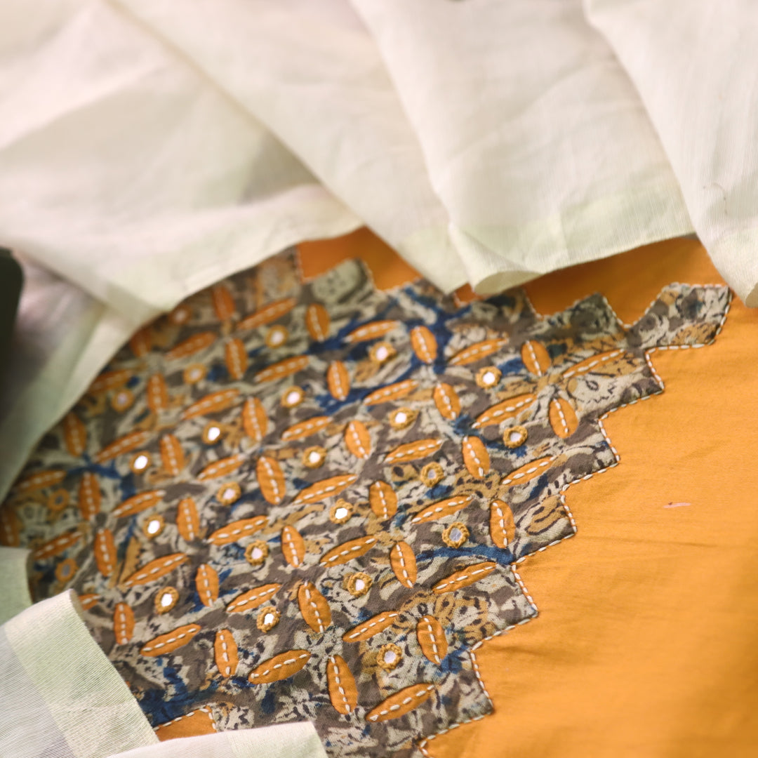 Guzaarish Dijon Yellow Ajrak Applique Patch Neck With Applique Work Dupatta Set
