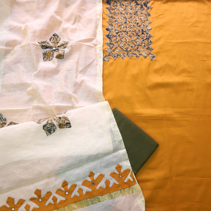 Guzaarish Dijon Yellow Ajrak Applique Patch Neck With Applique Work Dupatta Set