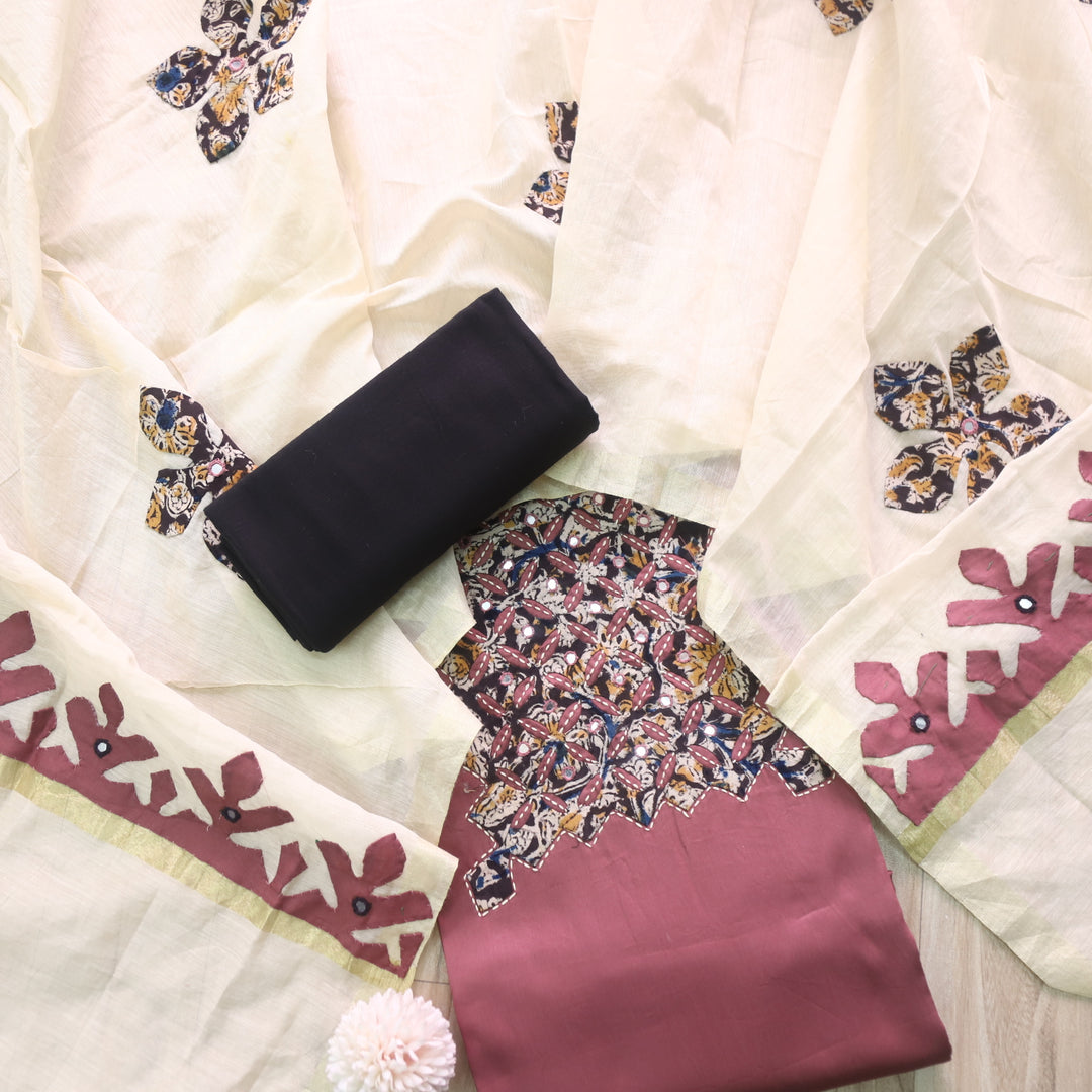 Guzaarish Mauve Pink Ajrak Applique Patch Neck With Applique Work Dupatta Set
