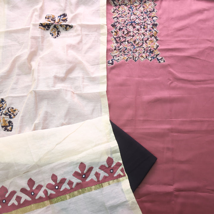 Guzaarish Mauve Pink Ajrak Applique Patch Neck With Applique Work Dupatta Set
