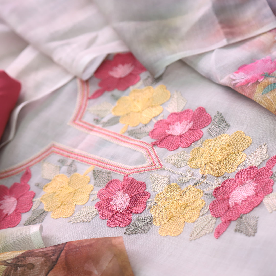 Gulbahar Taupe Beige Kashida Inspired Thread Work Cotton Linen Suit Set