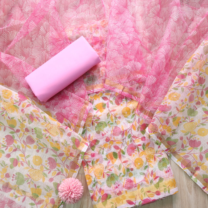 Kamleya White with Pink Bottom Floral Printed Kota Doriya Suit Set