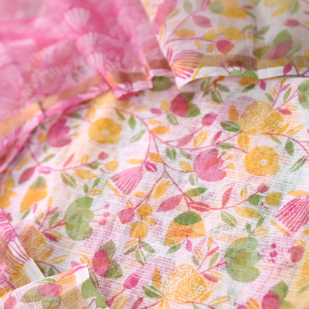 Kamleya White with Pink Bottom Floral Printed Kota Doriya Suit Set