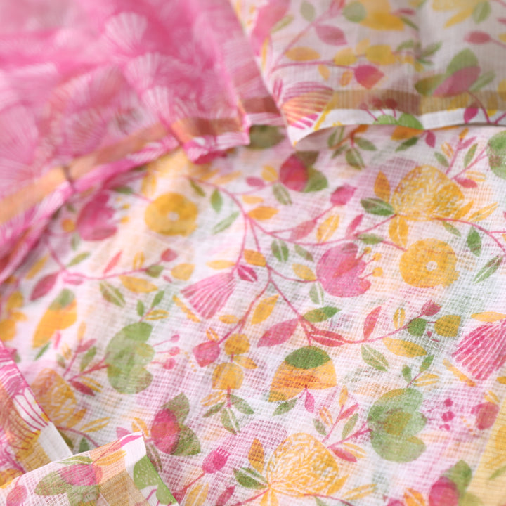 Kamleya White with Pink Bottom Floral Printed Kota Doriya Suit Set
