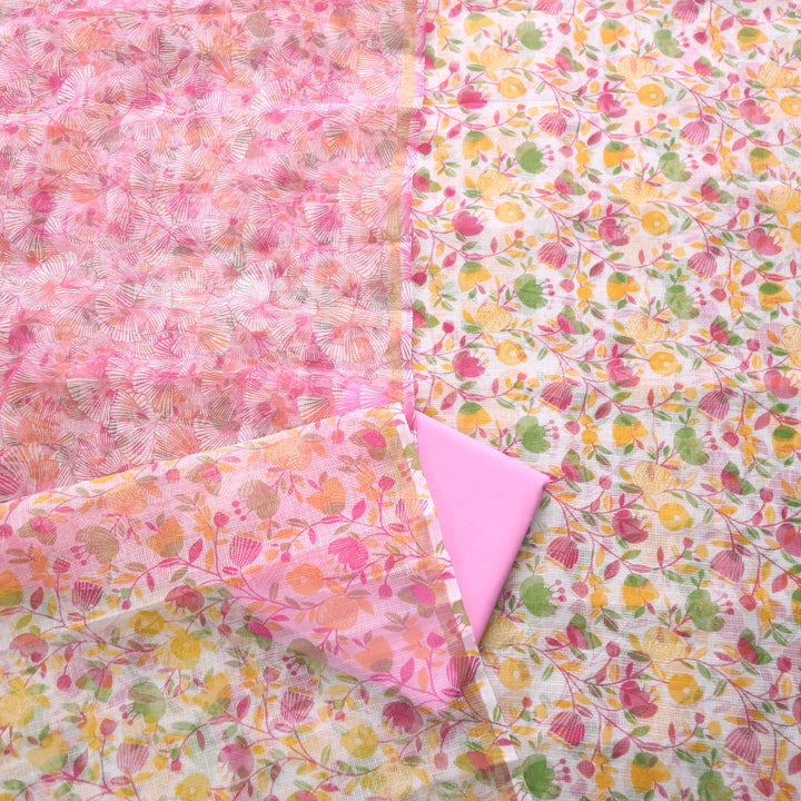 Kamleya White with Pink Bottom Floral Printed Kota Doriya Suit Set
