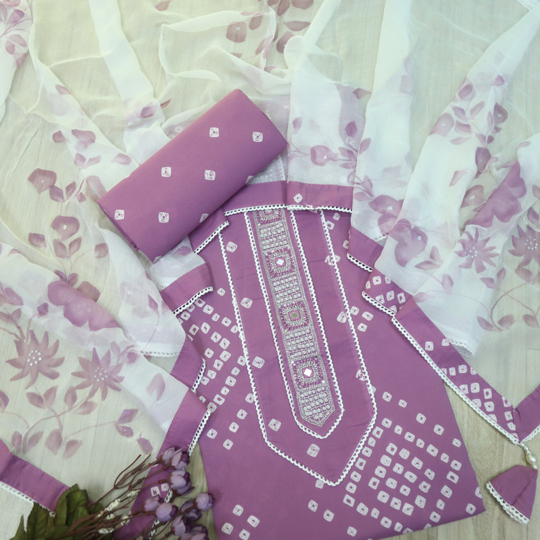 Bandegi Ruby Lavender Mirror Neck with Kardana Work Cotton Suit Set