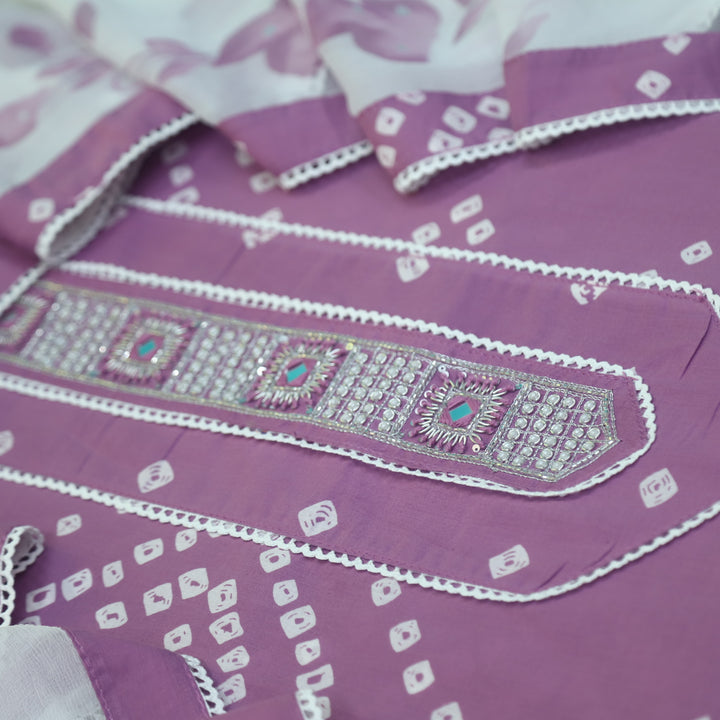 Bandegi Ruby Lavender Mirror Neck with Kardana Work Cotton Suit Set