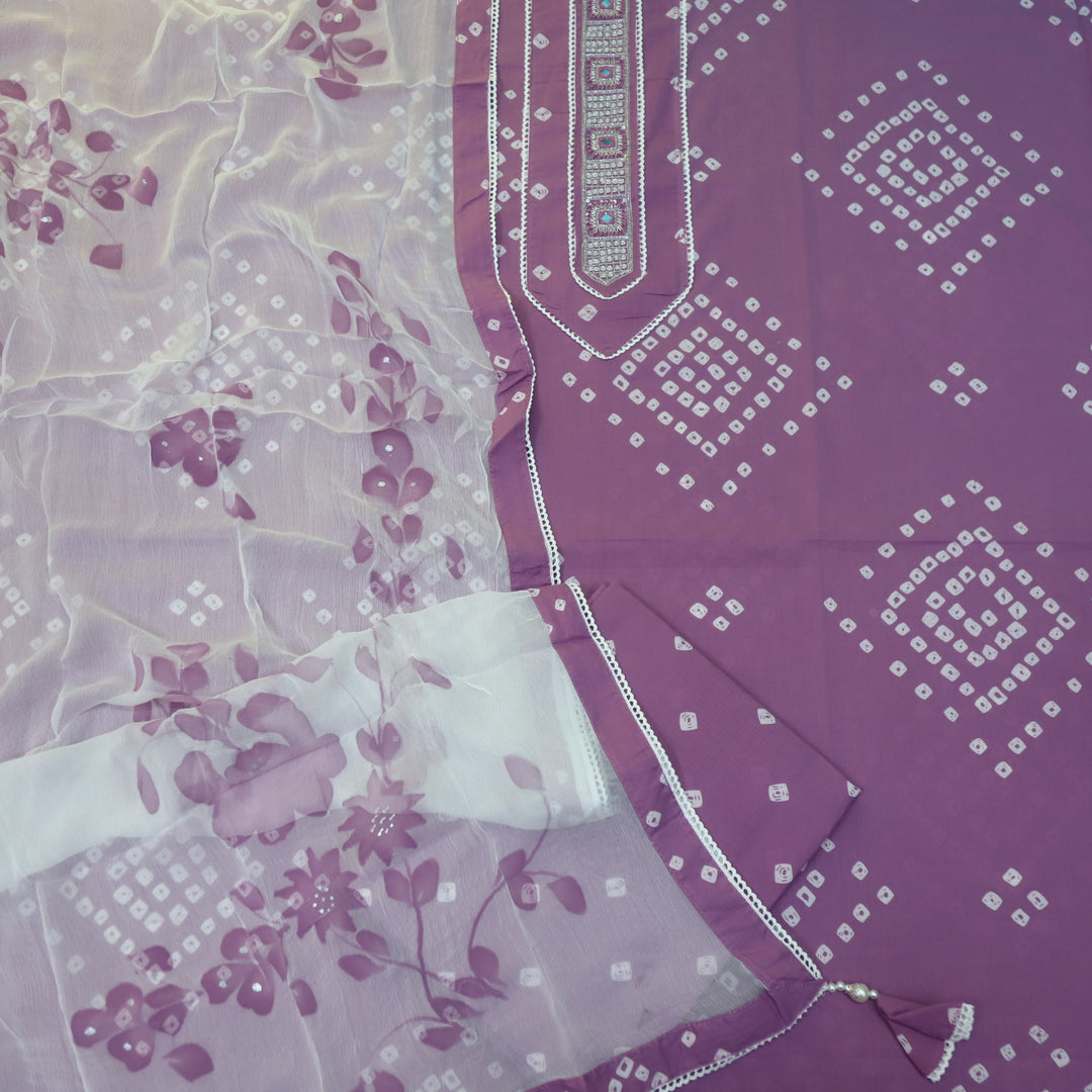 Bandegi Ruby Lavender Mirror Neck with Kardana Work Cotton Suit Set