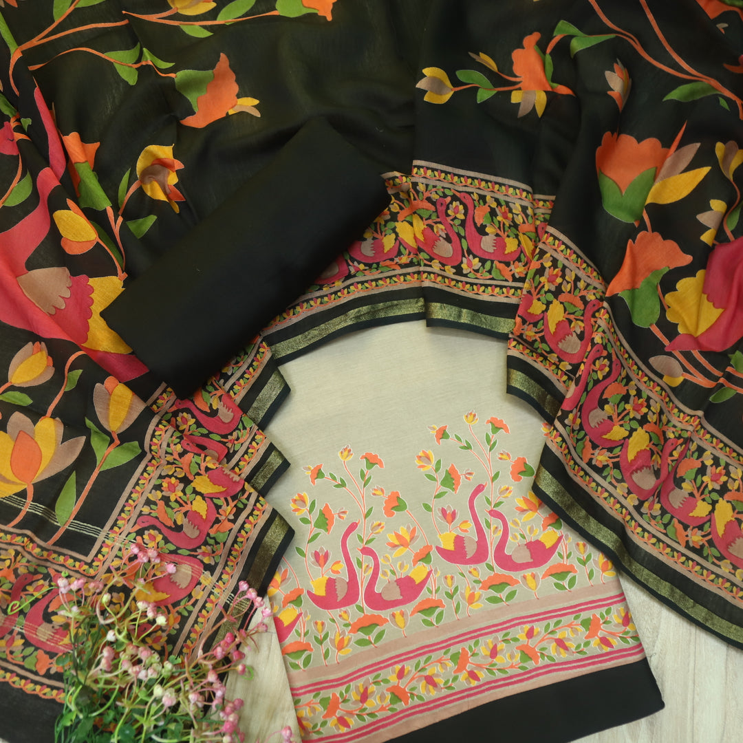 Saudaba Latte Beige Kalamkari Inspired Printed Maheshwari Suit Set
